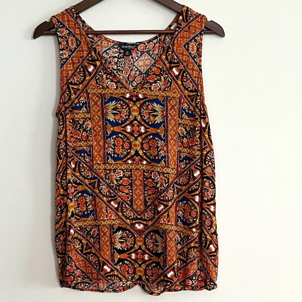 Lucky Brand Womens Boho Tile Print Split Back Sleeveless Blouse Top Orange M